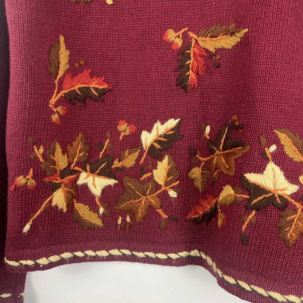 Embroidered Fall Leaf Crewneck Sweater - Burgundy - Picture 3 of 9